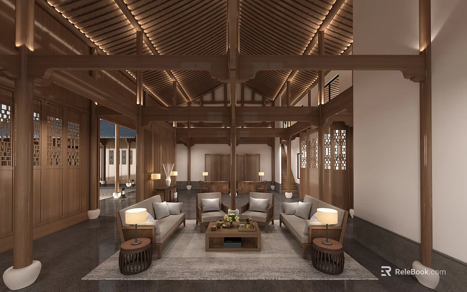 Chinese Style Hotel Lobby With Wooden Ceiling Decorative Elements And Cozy Sofas 3d model