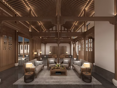 Chinese Style Hotel Lobby With Wooden Ceiling Decorative Elements And Cozy Sofas 3d model