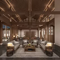 Chinese Style Hotel Lobby With Wooden Ceiling Decorative Elements And Cozy Sofas 3d model