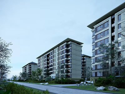 Modern Multi Story Residential Buildings with Landscaped Greenery and Pathway in Gray Tone 3d model