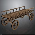 Vintage Wooden Cart Featuring Railings and Spoked Wheels on Reflective Surface