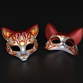Ornate Cat Face Masks With Red Gold Patterns And Red Ears Design 3d model