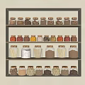 Neatly Arranged Kitchen Spice Jars On Built-in Wooden Shelves With Multiple Layers