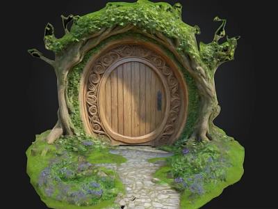 Cartoon Scene Of Enchanted Wooden Tree House Door With Vines Stone Pathway And Lush Greenery 3d model