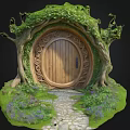 Cartoon Scene Of Enchanted Wooden Tree House Door With Vines Stone Pathway And Lush Greenery