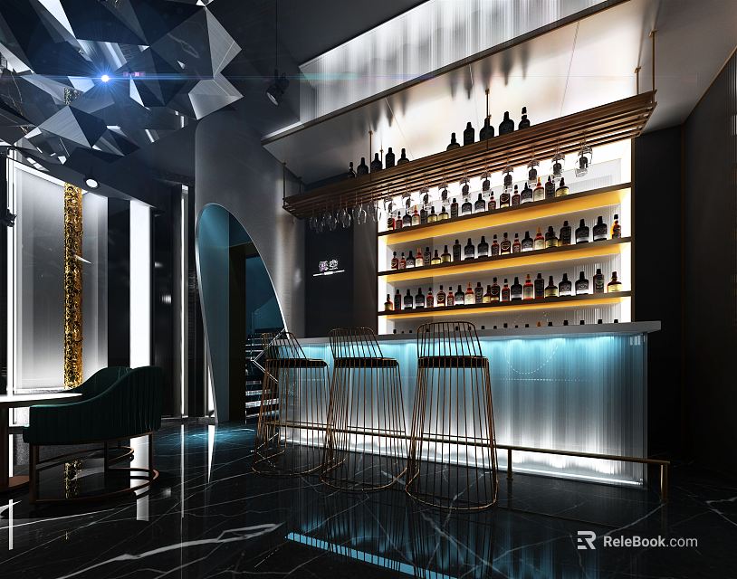 Modern Luxury Bar Interior Design With Illuminated Counter Wine Racks And Bar Stools 3d model 