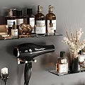 Modern Bathroom Accessories On Shelves With Hair Dryer Skincare Bottles Towels And Dried Flowers