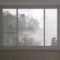 Modern White Vertical Blinds Enhancing Bright Room with Mountain View Misty Scenery and Wooden Floor