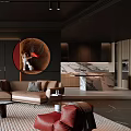 Modern Living Room Interior With Beige Sofa Red Accent Chair And Circular Decor Wall