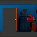 Red Workbench Furniture With Storage Bins In Blue Walled Utility Room Setup