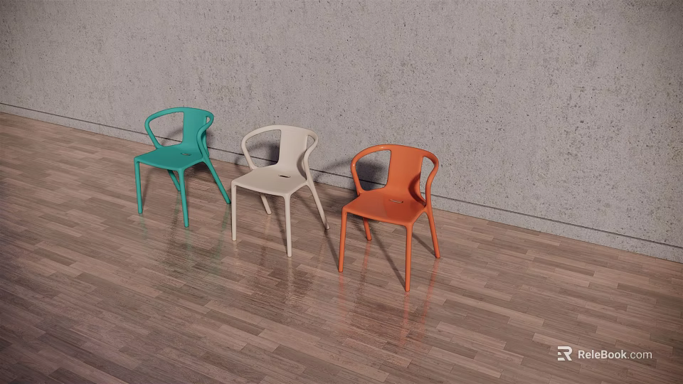 Three Colorful Plastic Leisure Chairs With Backrest And Armrests Against Gray Wall On Wooden Floor 3d model 