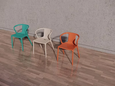 Three Colorful Plastic Leisure Chairs With Backrest And Armrests Against Gray Wall On Wooden Floor 3d model