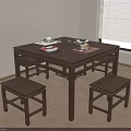 Traditional Chinese Wooden Dining Table With Stools Teacups And Tableware Setup 3d model