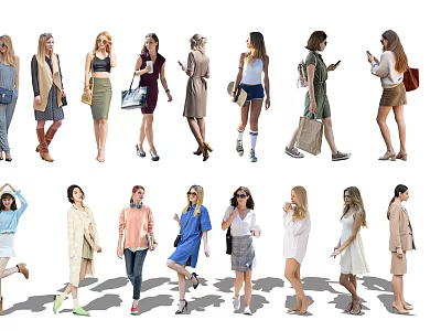 Group of Women in Various Stylish Outfits Different Poses and Accessories 3d model