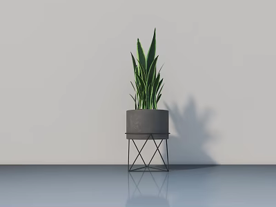 Potted Plant With Long Green Leaves In Gray Pot On Metal Stand For Modern Interior 3d model