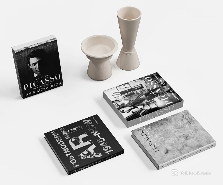 Artistic Decorative Ornament Set With Picasso Books Ceramic Bowls And Vases 3d model 