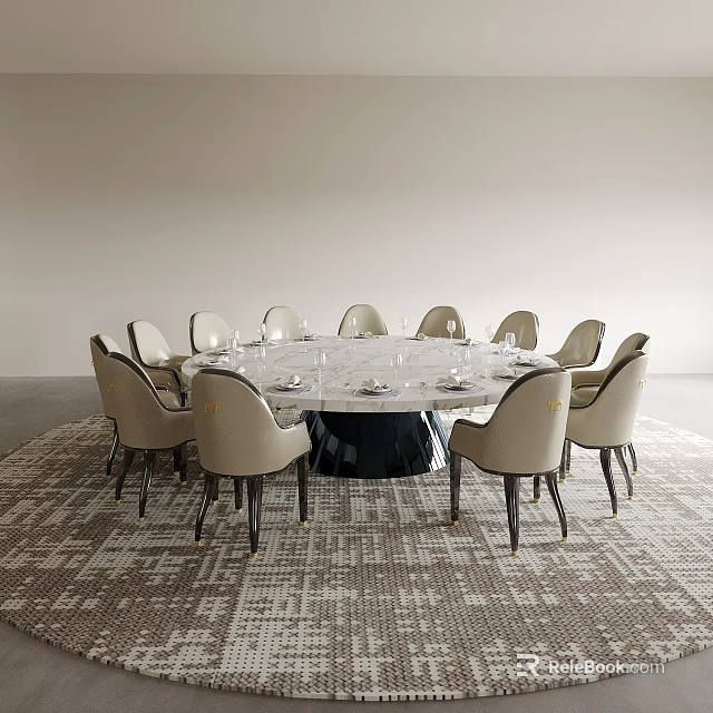 Round Dining Table Set with Beige Upholstered Chairs and Tableware in Modern Interior 3d model