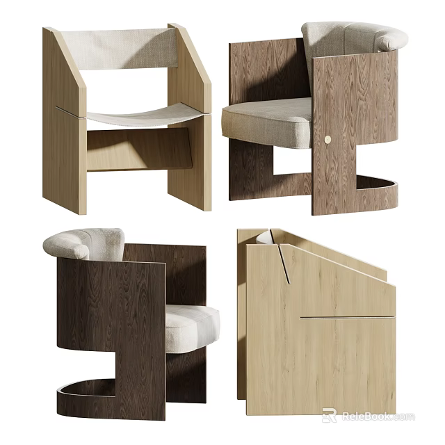 Modern Leisure Chair Designs With Wooden Frame And Cushioned Seat In Light Dark Wood 3d model 