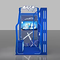 Blue Exhibition Booth Design With Display Shelves Digital Screens And Products