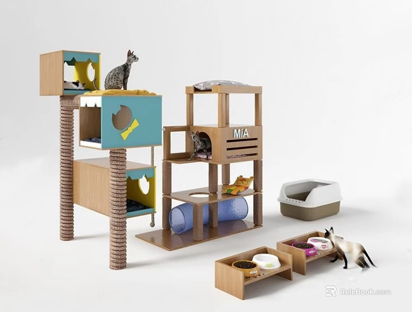 Essential Cat Living Supplies With Multi Level Tree Bed Food Bowls And Scratching Posts 3d model 