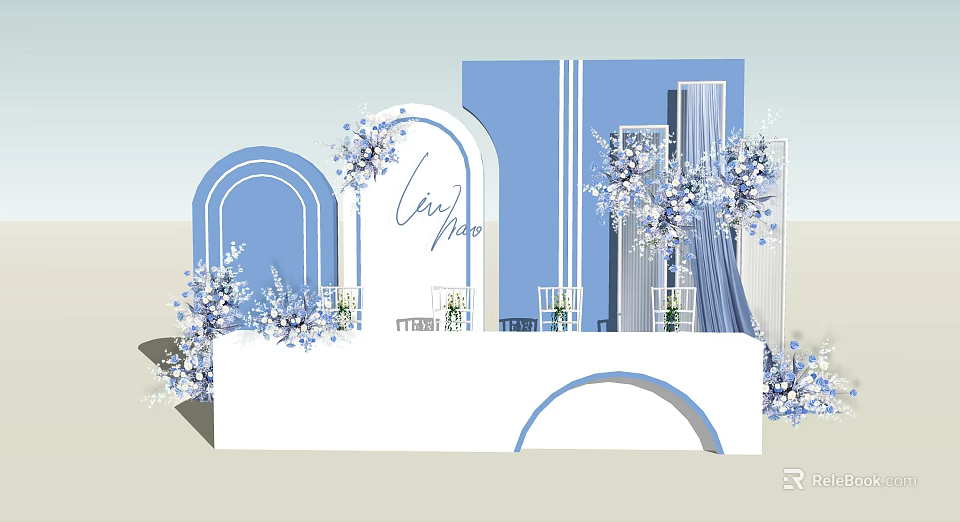 Elegant Blue and White Floral Display Featuring Arched Structures and Lily Blue Accents 3d model 