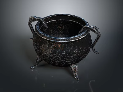 Vintage Metal Cauldron with Carved Patterns Decorative Handles and Three Legs for Home Decor 3d model