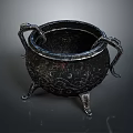 Vintage Metal Cauldron with Carved Patterns Decorative Handles and Three Legs for Home Decor