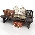 Vintage Wooden Bench Table Displaying Bird Cages Trunk Black Cage And Suitcase