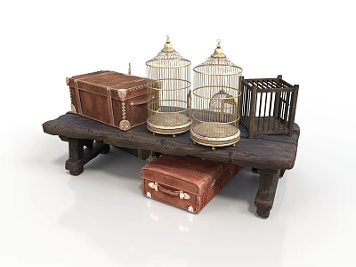 Vintage Wooden Bench Table Displaying Bird Cages Trunk Black Cage And Suitcase 3d model