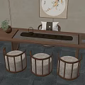 Traditional Wooden Tea Table With Round Chairs And Tea Set Decor 3d model