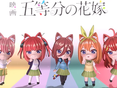 Chibi Style The Quintessential Quintuplets Dolls With Cat Ears And Different Hair Colors 3d model