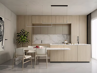 Modern Restaurant Interior With Wooden Cabinets Marble Countertop Dining Table Chairs Green Plant Pendant Lights 3d model