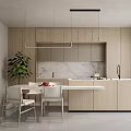 Modern Restaurant Interior With Wooden Cabinets Marble Countertop Dining Table Chairs Green Plant Pendant Lights