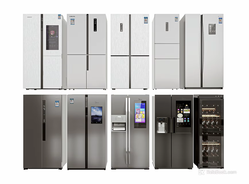 Various Modern Refrigerator Models Featuring Side by Side French Door and Wine Cooler Designs 3d model 