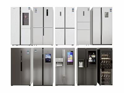 Various Modern Refrigerator Models Featuring Side by Side French Door and Wine Cooler Designs 3d model