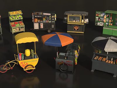 Colorful Street Food Carts With Umbrellas Fruit Stalls And Mobile Vendors 3d model