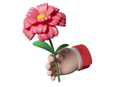 Floral Display Art With Hand Holding Pink Flower Yellow Center Green Stem Leaves Red Sleeve 3d model