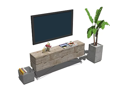 Rustic Wooden TV Stand with TV Storage Basket Magazines and Gray Potted Plant 3d model