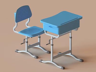 Blue Student Desk With Matching Chair Metal Frame And Drawer Design 3d model
