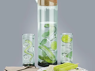 Refreshing Summer Drink in Glass Bottle with Cucumber Mint Lime and Ice Cubes 3d model