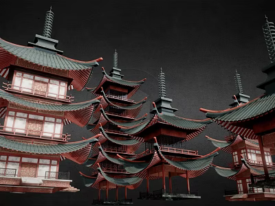 Ancient Architecture Traditional Multi Tiered Towers With Curved Eaves And Green Roofs 3d model