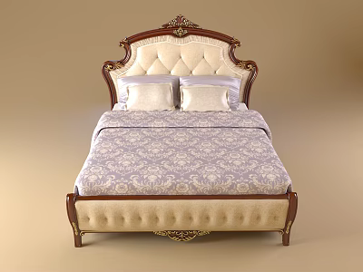 Luxurious Classic Double Bed With Carved Wooden Headboard And Patterned Bedspread 3d model