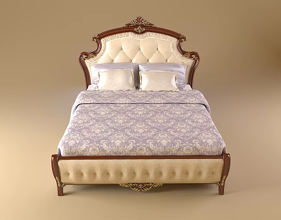Luxurious Classic Double Bed With Carved Wooden Headboard And Patterned Bedspread 3d model