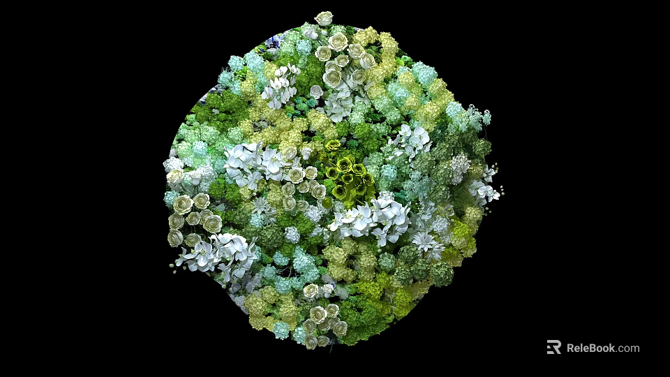 Artistic Circular Floral Installation With Green White Light Green Mixed Flowers And Foliage 3d model 