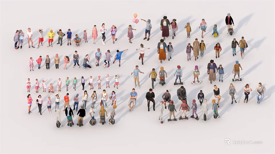 Crowd of People in Various Poses with Different Clothing and Scooters on White Background 3d model 