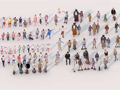 Crowd of People in Various Poses with Different Clothing and Scooters on White Background 3d model