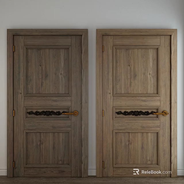 Wooden Hinged Doors With Natural Wood Finish Golden Handles And Black Decorative Strips 3d model 