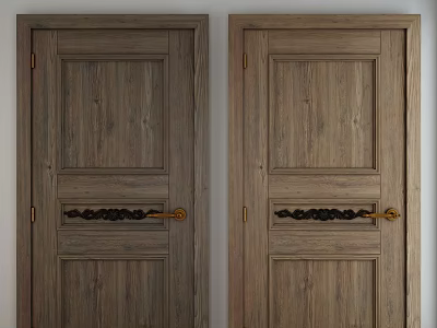 Wooden Hinged Doors With Natural Wood Finish Golden Handles And Black Decorative Strips 3d model