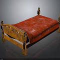 People Resting On Wooden Carved Bed With Red Patterned Mattress