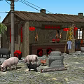 Country Farmyard Courtyard With Wooden House Red Lanterns Pigs Chicken Stone Mill And Stone Path
